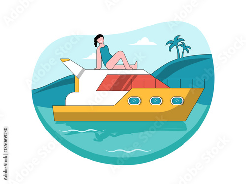 People on yacht illustration. Yacht illustration. Flat vector illustration concept.