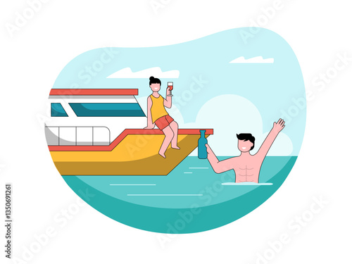 People party on yacht illustration. Yacht illustration. Flat vector illustration concept.