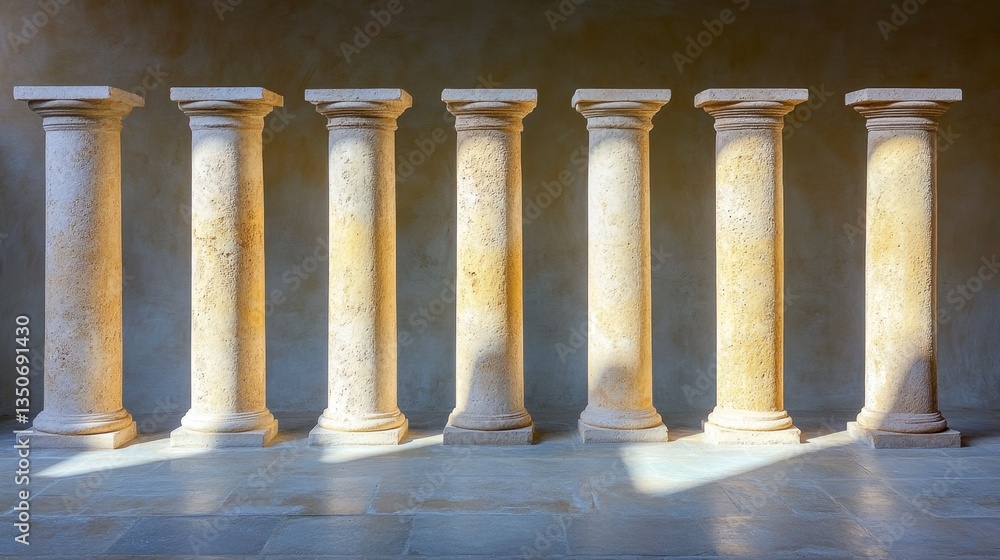Fototapeta premium Seven light beige stone columns stand in a row against a textured tan wall, illuminated by sunlight streaming from a window, casting shadows on the floor.