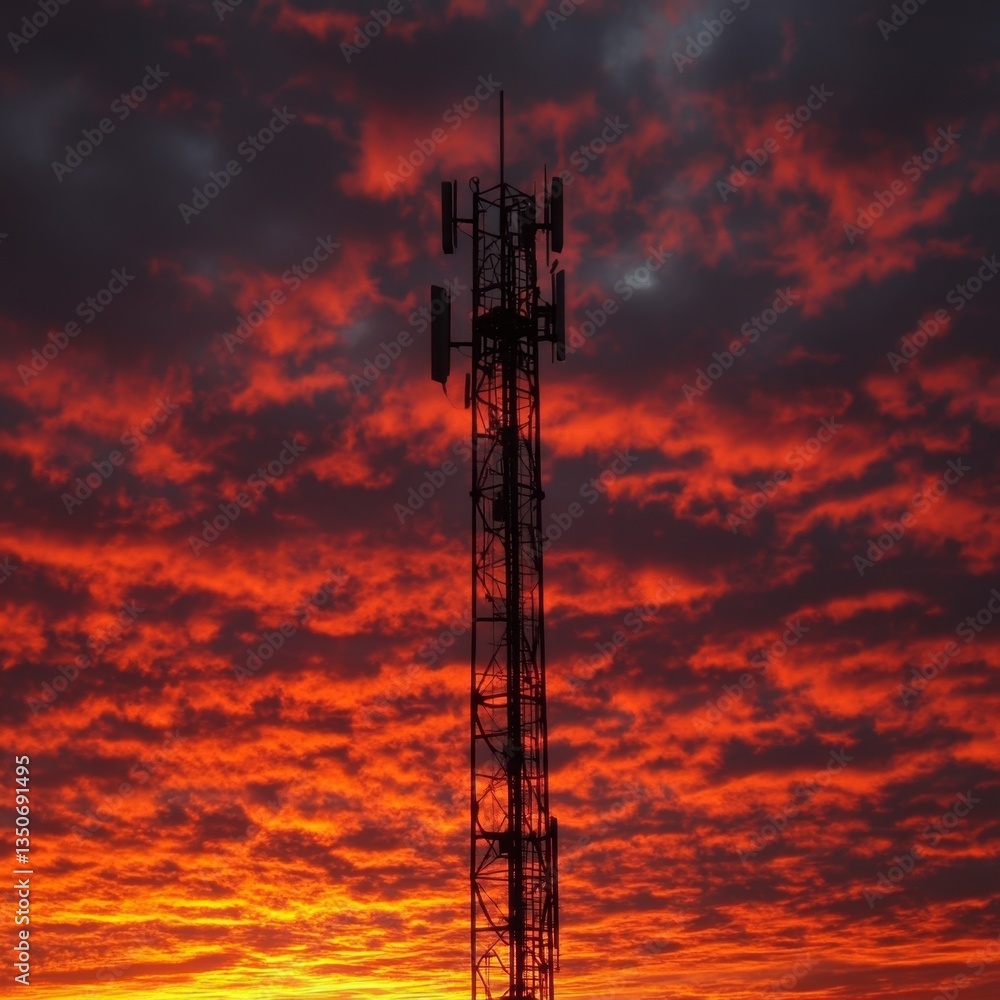 Fototapeta premium Silhouette of a tall communication tower against a vibrant red and orange sunset sky. Fiery clouds fill the frame.