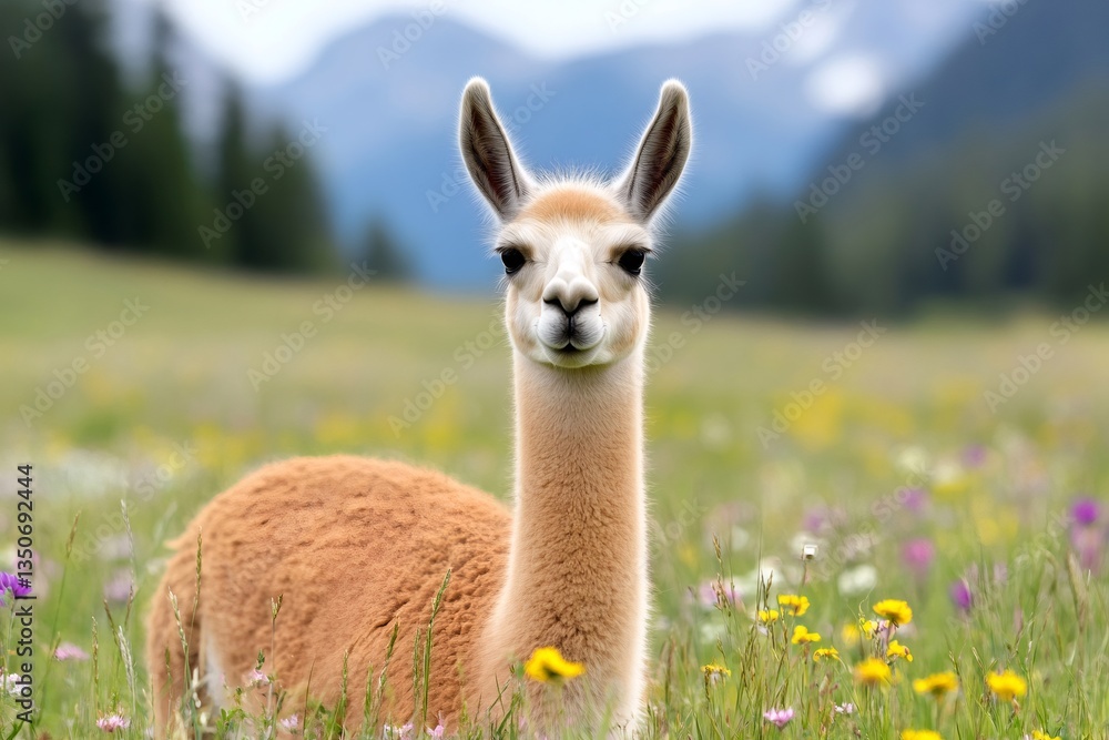 Fototapeta premium Llama resting in a meadow full of colorful wildflowers