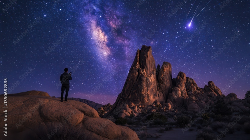 Fototapeta premium Stargazer Observing Milky Way and Meteor Shower over Rock Formation