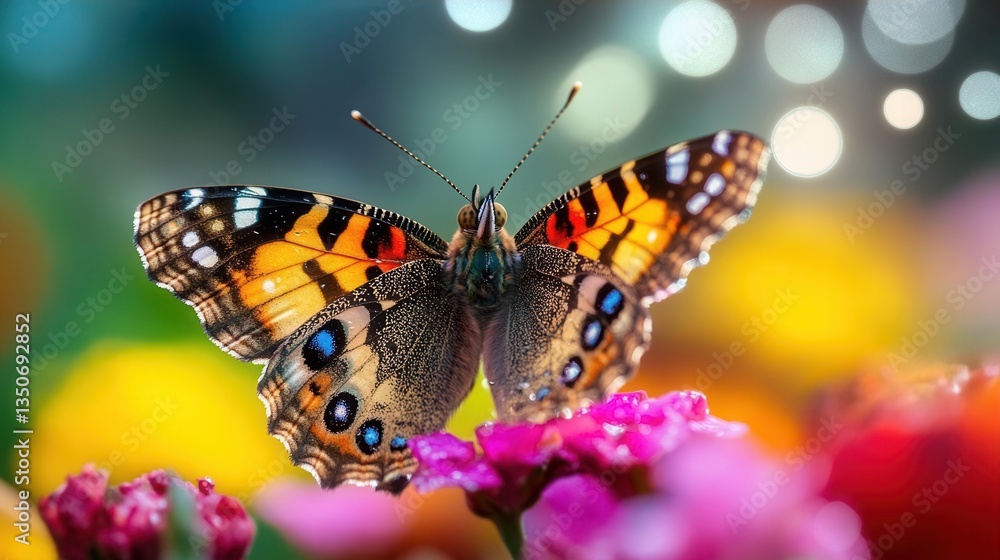Obraz premium Close Up of Vibrant Butterfly on Colorful Flowers in a Lush Garden Setting Filled with Soft Bokeh