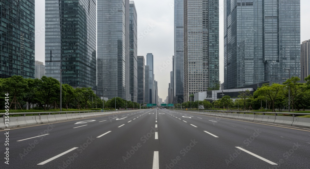 An Empty Road Leads Towards Buildings In The Urban Area An Empty Road Leads Towards Buildings In The Urban Area