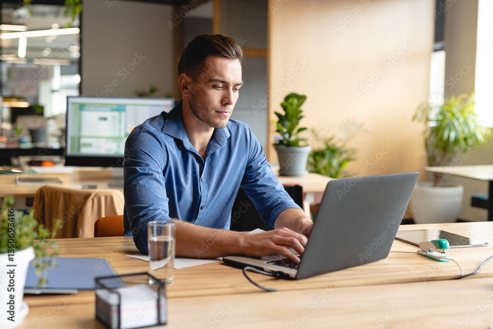 Focused man working on laptop in modern office, surrounded by plants Focused man working on laptop in modern office, surrounded by plants