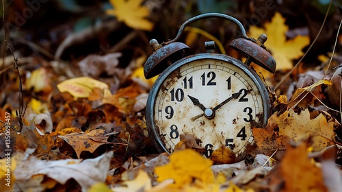 Vintage Alarm Clock Autumn Leaves Seasonal Change