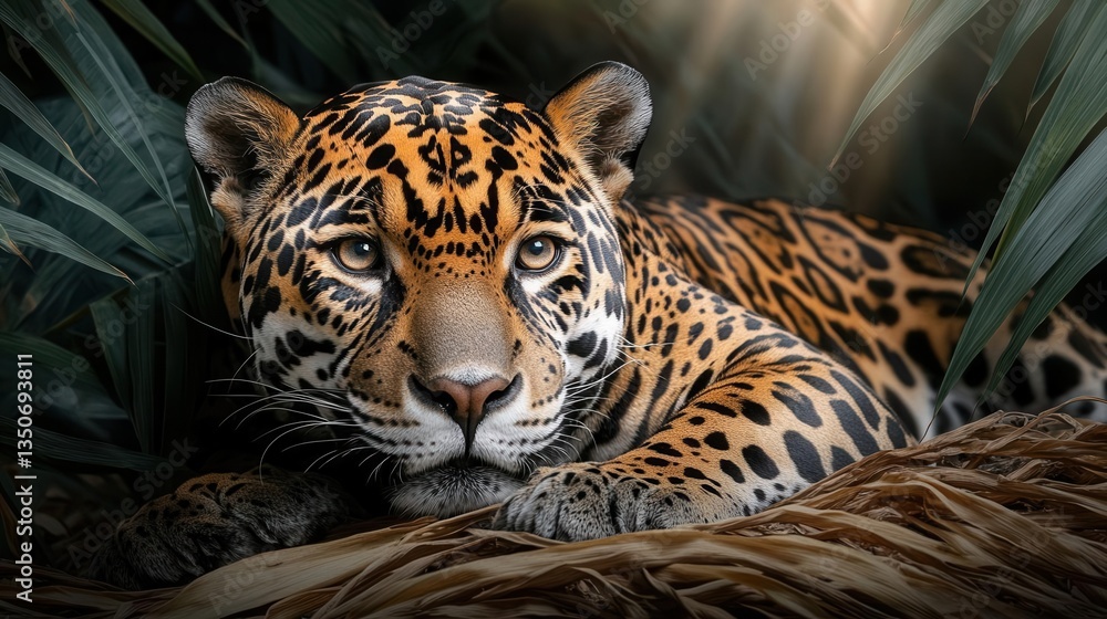 Closeup Portrait of Majestic Jaguar Resting Amid Tropical Foliage with Soft Light Closeup Portrait of Majestic Jaguar Resting Amid Tropical Foliage with Soft Light