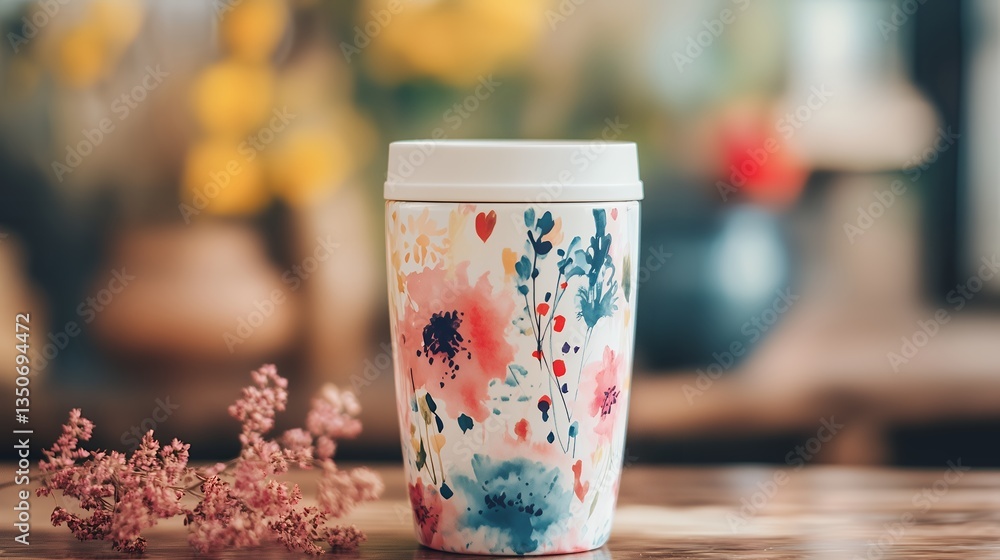 A floral-patterned reusable coffee cup sits on a wooden table with dried flowers in the foreground, concept for spring promotions, Mother's Day gifts, Valentine's Day, and wedding favors A floral-patterned reusable coffee cup sits on a wooden table with dried flowers in the foreground, concept for spring promotions, Mother's Day gifts, Valentine's Day, and wedding favors
