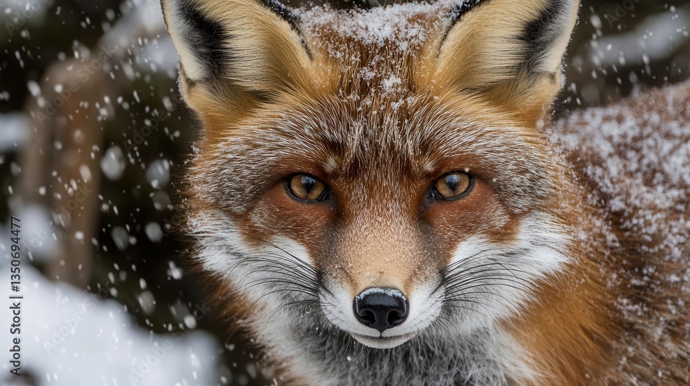 Obraz premium Closeup Portrait of a Fox with Snow on Its Fur in a Winter Forest During Snowfall