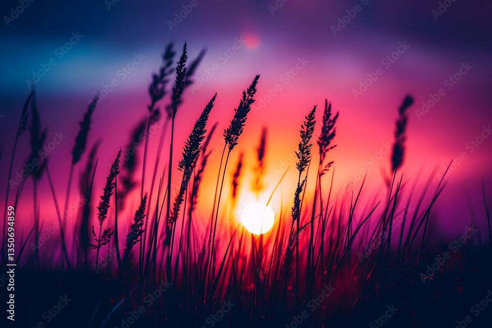 Fototapeta premium Captivating Display of Golden Hour: Surreal Sunset Among Silhouetted Grass