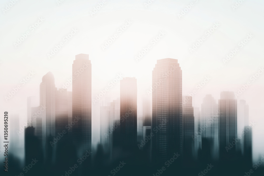Foggy urban skyline with tall buildings emerging through morning mist Foggy urban skyline with tall buildings emerging through morning mist