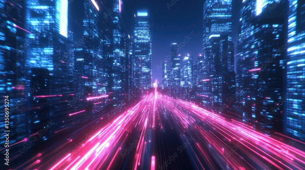 Fototapeta premium Futuristic cityscape at night with vibrant light trails, showcasing a bustling urban environment