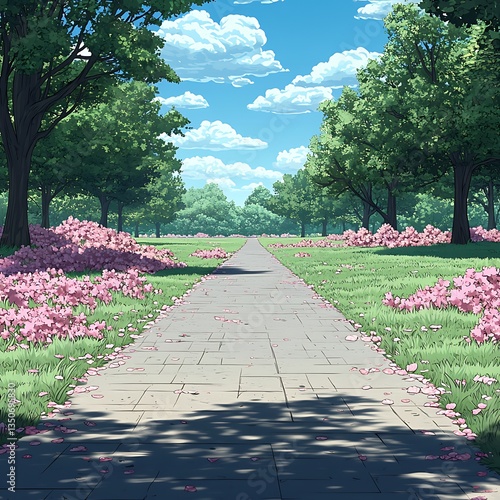 Park Path for Spring Blossoms, Sunny Day.