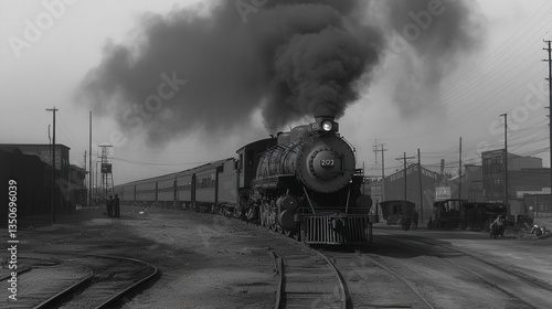 Black and white photo of a steam locomotive train emitting smoke, passing through a railway yard with industrial buildings and vehicles in the background.