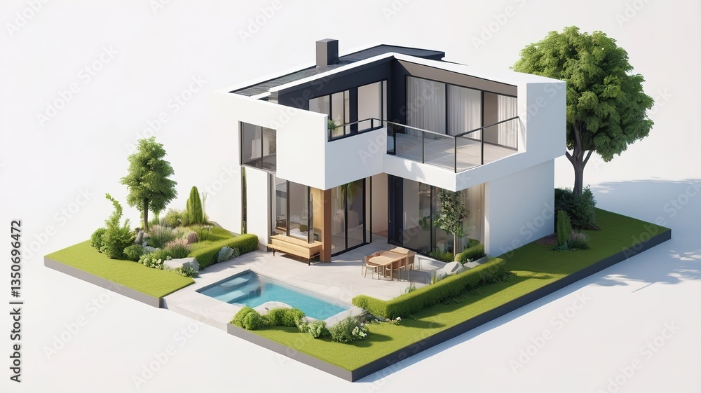 Fototapeta premium A small modern minimalist house isometric perspective,&nbsp;3D model miniature