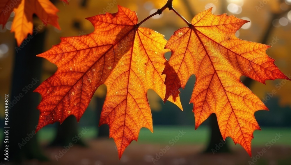 Ancient oak, translucent amber leaves, late autumn, season, sun, November Ancient oak, translucent amber leaves, late autumn, season, sun, November