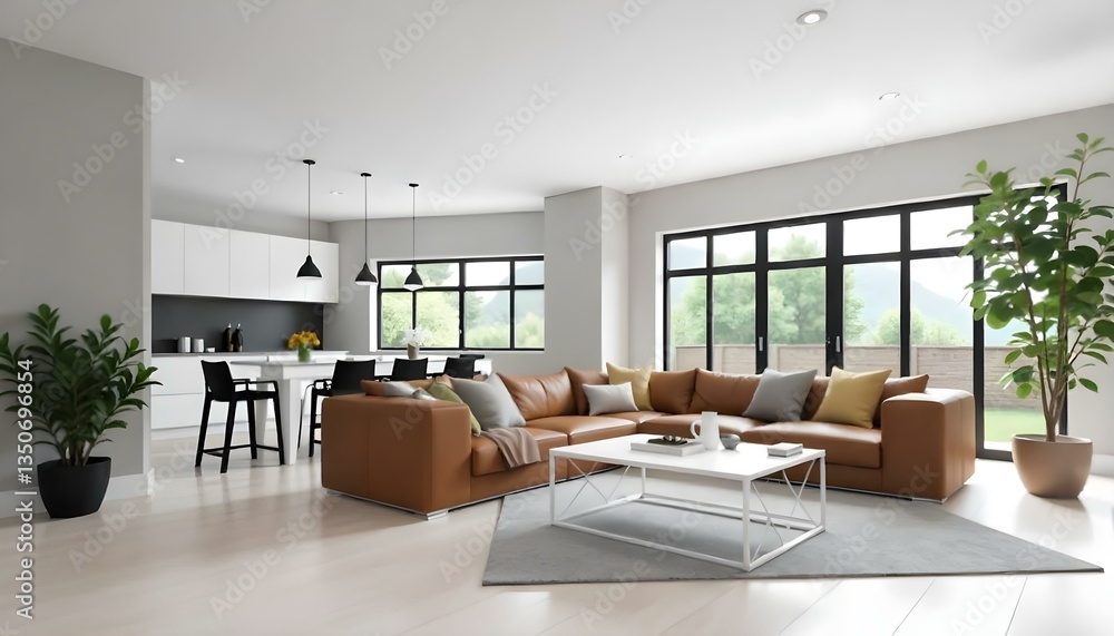 Fototapeta premium Modern living room with a brown leather sofa, white coffee table, and a gray rug, open kitchen with black chairs and a marble countertop, large windows overlooking a green garden 