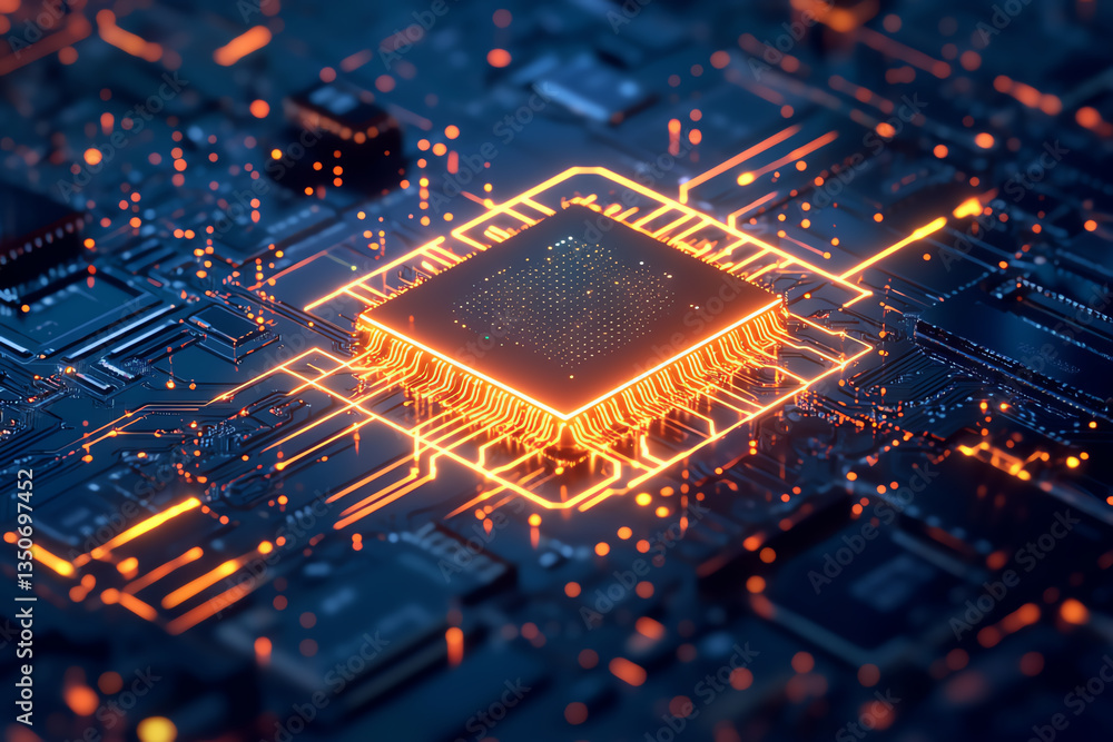 Glowing microchip on a digital circuit board, futuristic tech. Glowing microchip on a digital circuit board, futuristic tech.