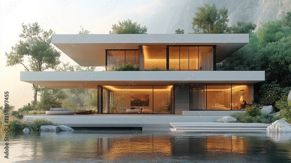Fototapeta premium Modern luxury house with infinity pool, nestled in a lush green landscape at sunset.