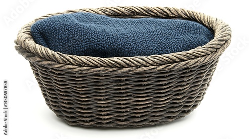 A Woven Basket Filled With Blue Knitted Fabric Material