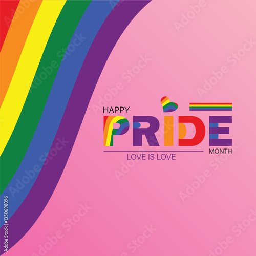 Happy Pride Month Typography with Rainbow Elements on Pink Background