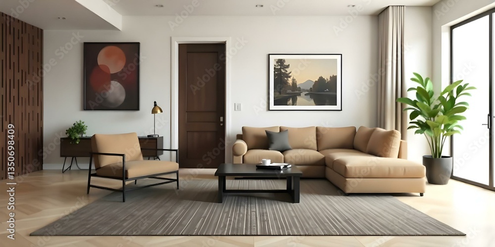 The style is 3D model with octane render volumetric, highly detailed for videogame design. A modern living room with a beige sectional sofa, a round coffee table, and a brown armchair, a painting on The style is 3D model with octane render volumetric, highly detailed for videogame design. A modern living room with a beige sectional sofa, a round coffee table, and a brown armchair, a painting on