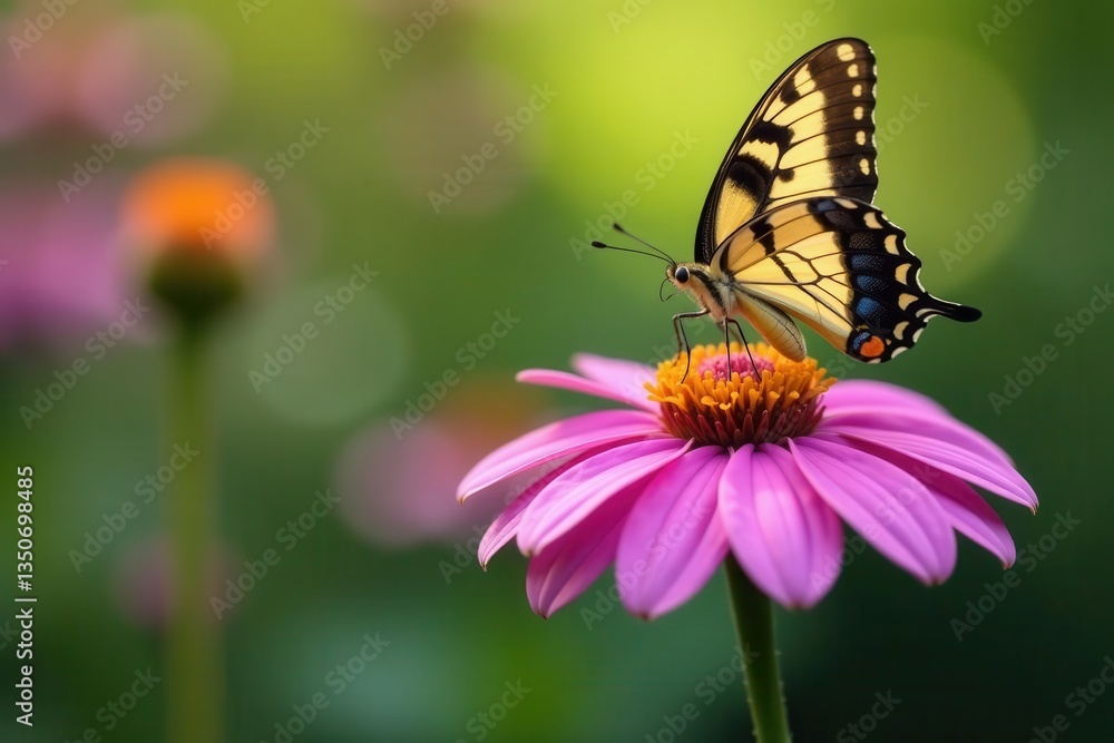 Delicate swallowtail butterfly perched on vibrant purple coneflower, arthropod, coneflower Delicate swallowtail butterfly perched on vibrant purple coneflower, arthropod, coneflower