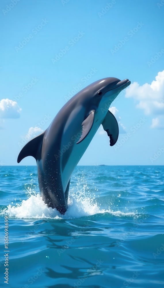Fototapeta premium Dolphins breaching, showing powerful tails and sleek forms against blue water , powerful, dolphin, aquatic