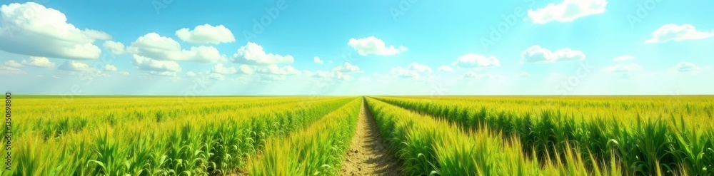 Endless rows of corn under a cloudless azure sky , landscape, peaceful Endless rows of corn under a cloudless azure sky , landscape, peaceful