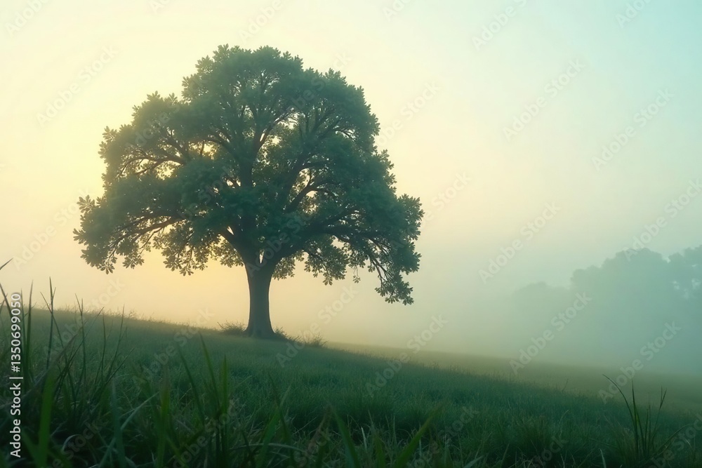 Single tree seen through misty veil of morning dew, solitude, calm Single tree seen through misty veil of morning dew, solitude, calm