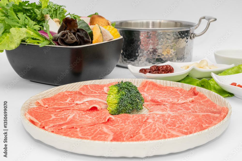A mouthwatering selection of beef hot pot ingredients is beautifully arranged, featuring tender, thinly sliced beef ready to be cooked in a steaming, flavorful broth. The marbled beef glistens A mouthwatering selection of beef hot pot ingredients is beautifully arranged, featuring tender, thinly sliced beef ready to be cooked in a steaming, flavorful broth. The marbled beef glistens