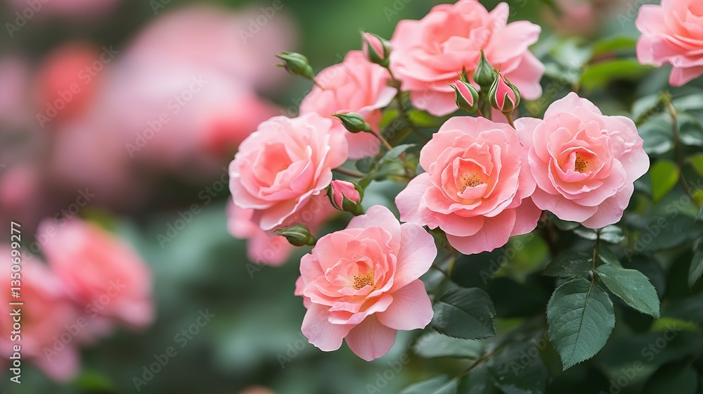 Beautiful pink roses with buds and green leaves are in bloom Beautiful pink roses with buds and green leaves are in bloom