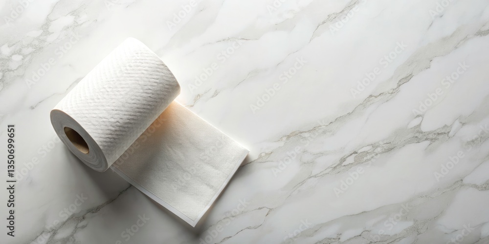 Fototapeta premium Luxury Toilet Paper Flat Lay, Marble Background, High Depth of Field, Organic, Diagonal Composition, Copy Space