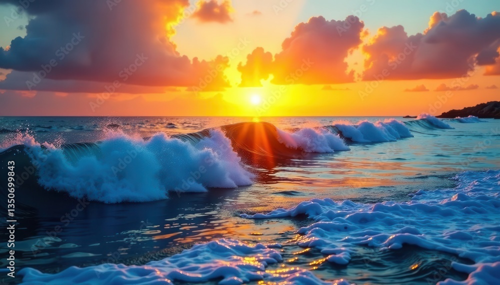 Fototapeta premium Golden hour sun paints ocean waves with vibrant hues , beach, waves, water