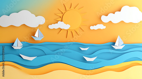 Colorful paper art depiction of a sunny beach with boats