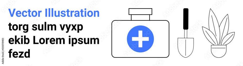 First-aid kit with medical cross symbol, gardening trowel, and potted plant. Ideal for health, gardening, self-care, sustainability, emergency aid, wellness and eco-friendly flat landing page banner First-aid kit with medical cross symbol, gardening trowel, and potted plant. Ideal for health, gardening, self-care, sustainability, emergency aid, wellness and eco-friendly flat landing page banner