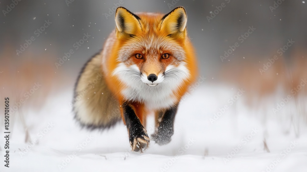 Obraz premium Graceful Red Fox Running Through a Snowy Landscape in Winter Wonderland Environment