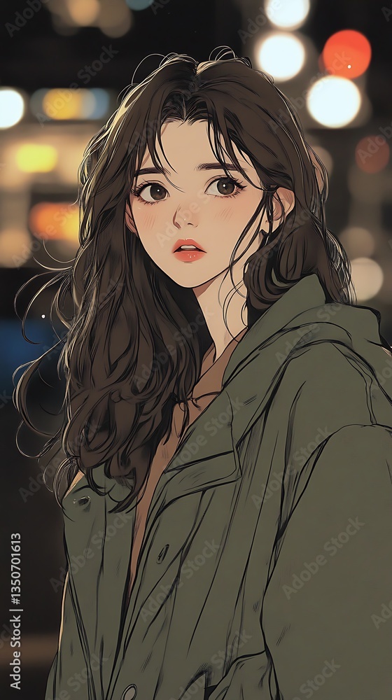 Fototapeta premium 밤거리의 조명을 배경으로 한 여성 초상화 AI 생성