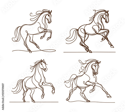 vector set of continous line drawing - prancing horse (artwork 1)
