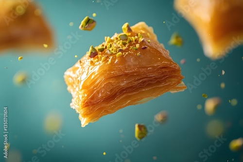 Floating layers of crisp golden baklava with crushed pistachios