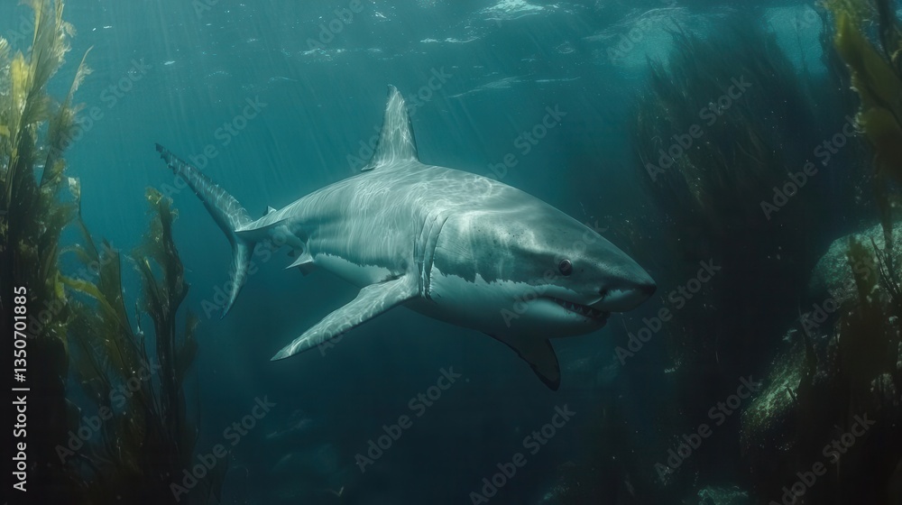 Fototapeta premium Great White Shark Swimming Gracefully Among Kelp Forests in Pristine Ocean Waters