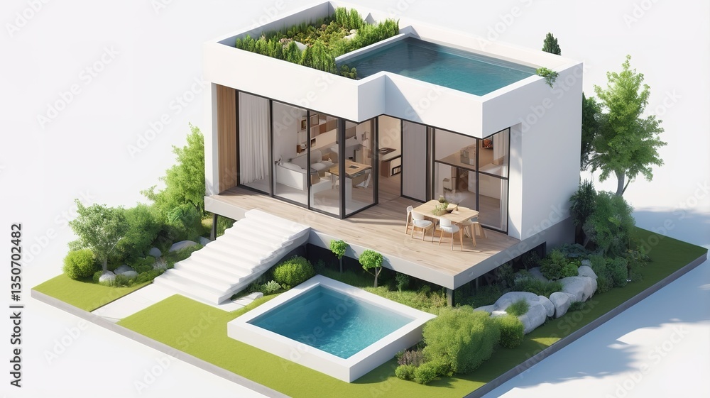 Fototapeta premium A small modern minimalist house isometric perspective,&nbsp;3D model miniature