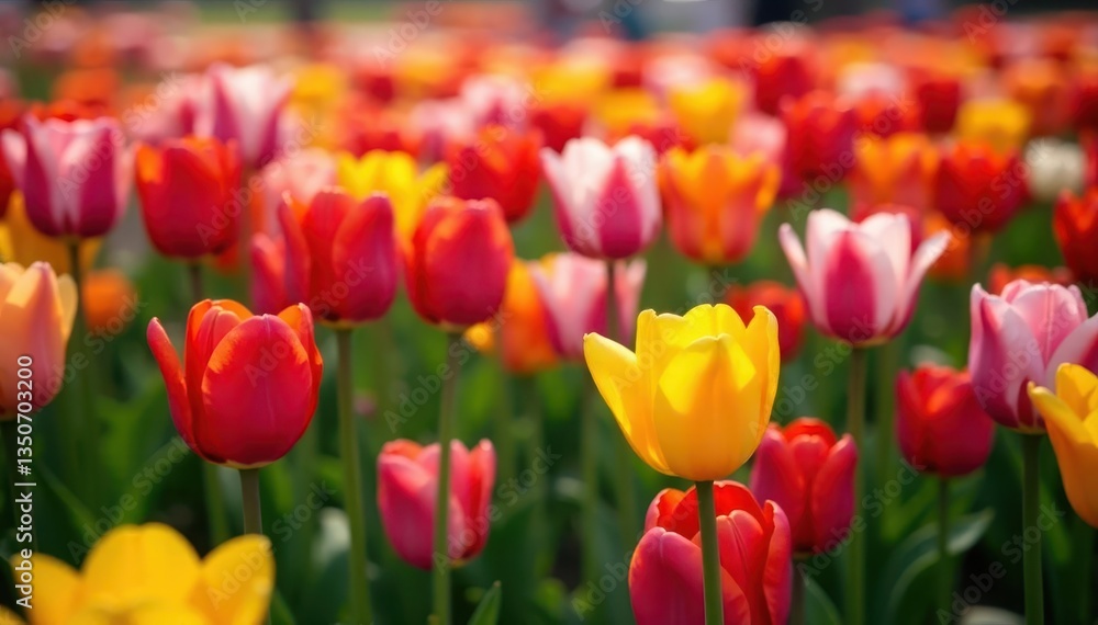 Fototapeta premium Sea of colorful tulips, diverse varieties in full bloom , textured, landscape, orange