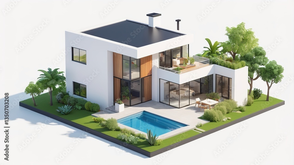A small modern minimalist house isometric perspective, 3D model miniature A small modern minimalist house isometric perspective, 3D model miniature