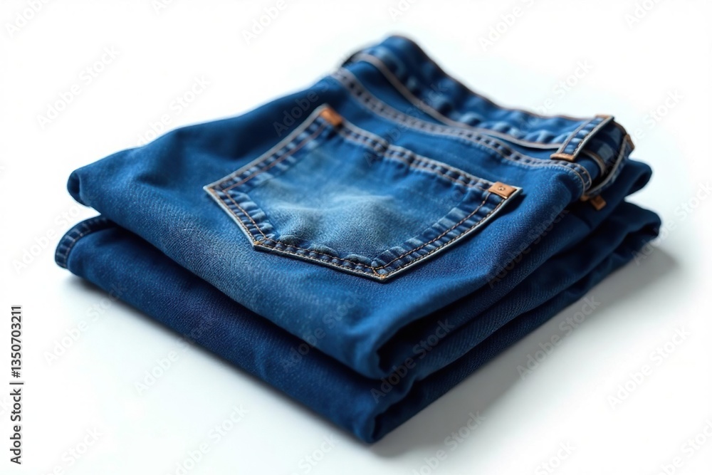 Classic blue denim jeans, neatly folded on white , clothing item, blue, website Classic blue denim jeans, neatly folded on white , clothing item, blue, website