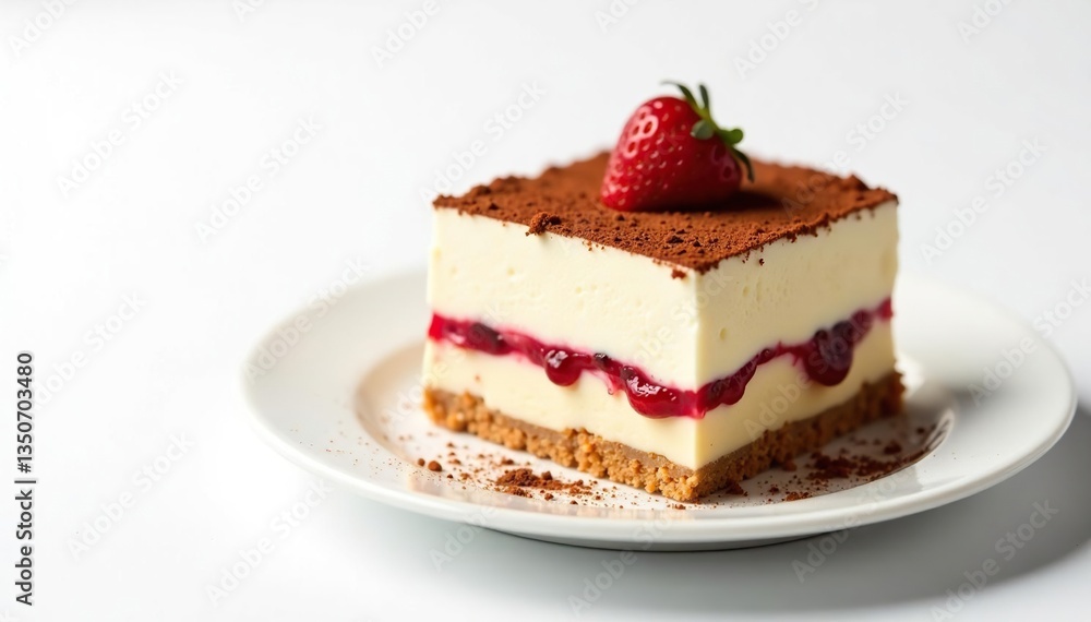 Elegant tiramisu portion, dusted cocoa, white background , single serving, tiramisu, cake Elegant tiramisu portion, dusted cocoa, white background , single serving, tiramisu, cake