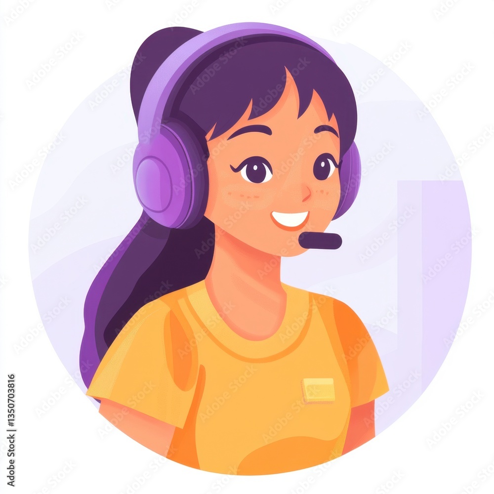 Smiling girl with purple headphones and yellow shirt, pixel art style, light background. Smiling girl with purple headphones and yellow shirt, pixel art style, light background.