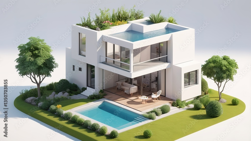A small modern minimalist house isometric perspective, 3D model miniature A small modern minimalist house isometric perspective, 3D model miniature
