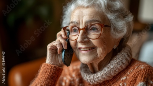 Close up portrait of a smiling senior woman with glasses, wearing an orange sweater, talking on a smartphone indoors. Soft lighting, warm tones.