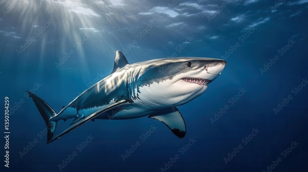Naklejka premium Great White Shark Swimming Gracefully Underwater in the Deep Blue Ocean with Sunlight Beams